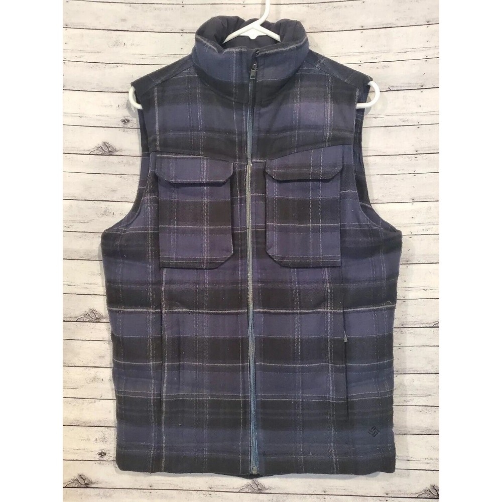 Columbia Mens Omni-Heat Plaid Fabric Puffer Vest Size S Chest Pockets Blue Black